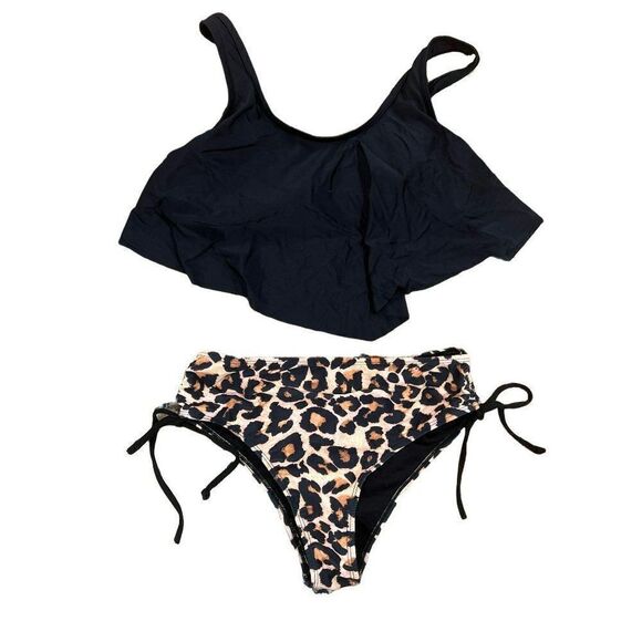 Womens Black Top and Cheetah Print High Waisted Bottoms - Picture 1 of 2
